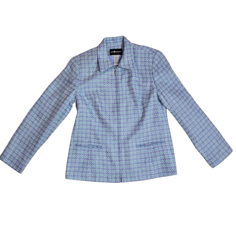 Sag Harbor Blue and White Herringbone Tweed Full Zip Blazer 10 Career - Picture 1 of 11